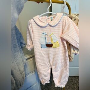 Striped Pink Baby One Piece with Embroidered Design